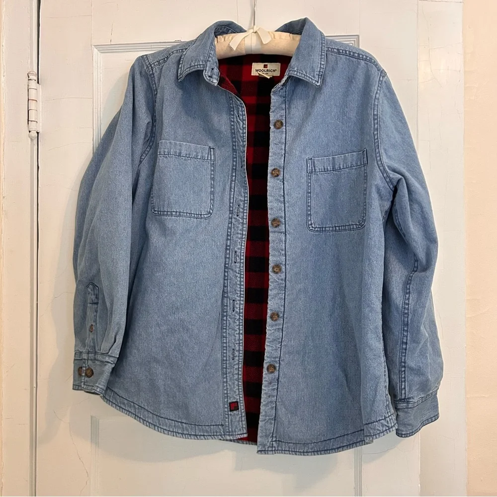 Woolrich Blanket Fleece Lined Jean Jacket Women’s Shacket Buffalo Plaid Sz M - Picture 3 of 10